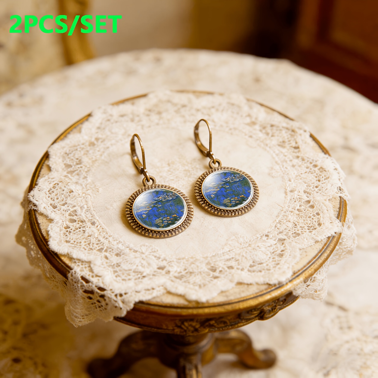 2pc Cyan Classic Pendant Earrings Set, Impressionist Design